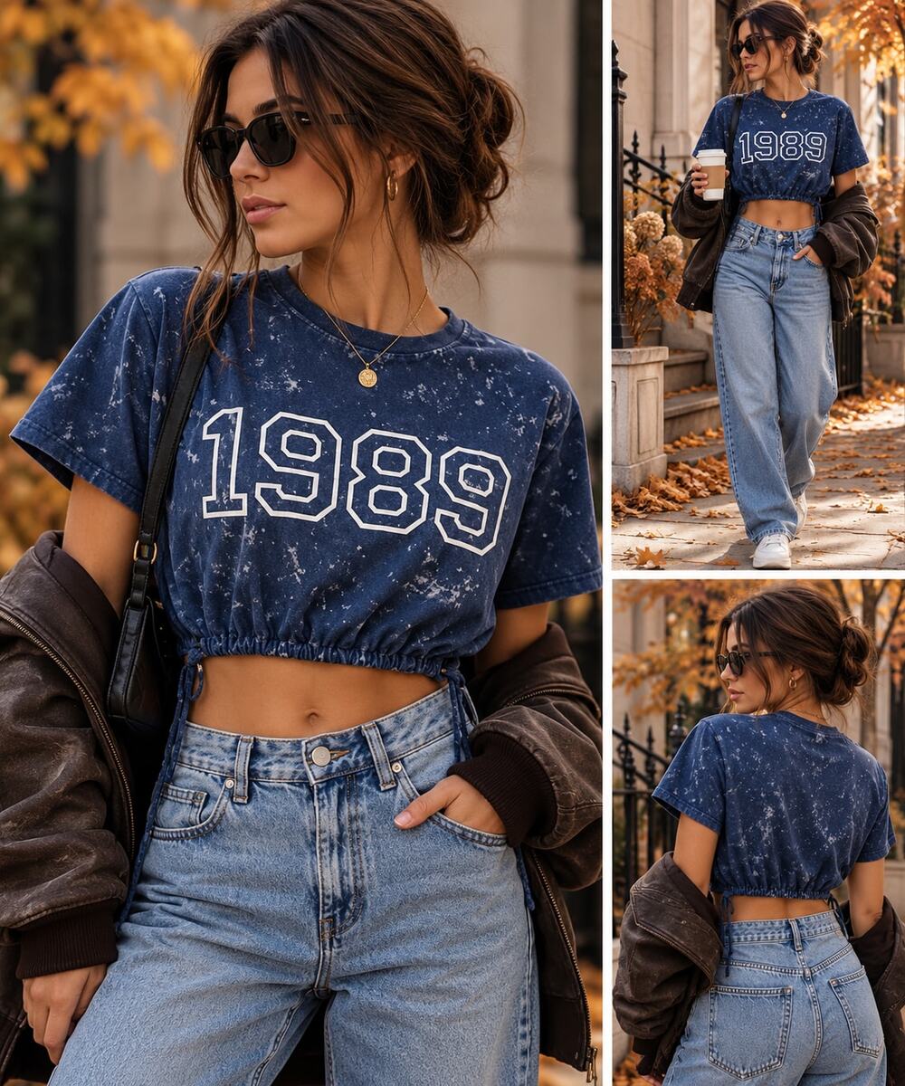 BLOOM + POP 1989 CROPPED, SWIFTY INSPIRED, Y2K, INDIE, GRAPHIC TEE โ NAVY ACID W